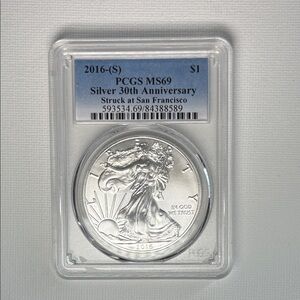 2016 (S) American Silver Eagle 1 oz .999 PCGS MS69 30th Anniversary